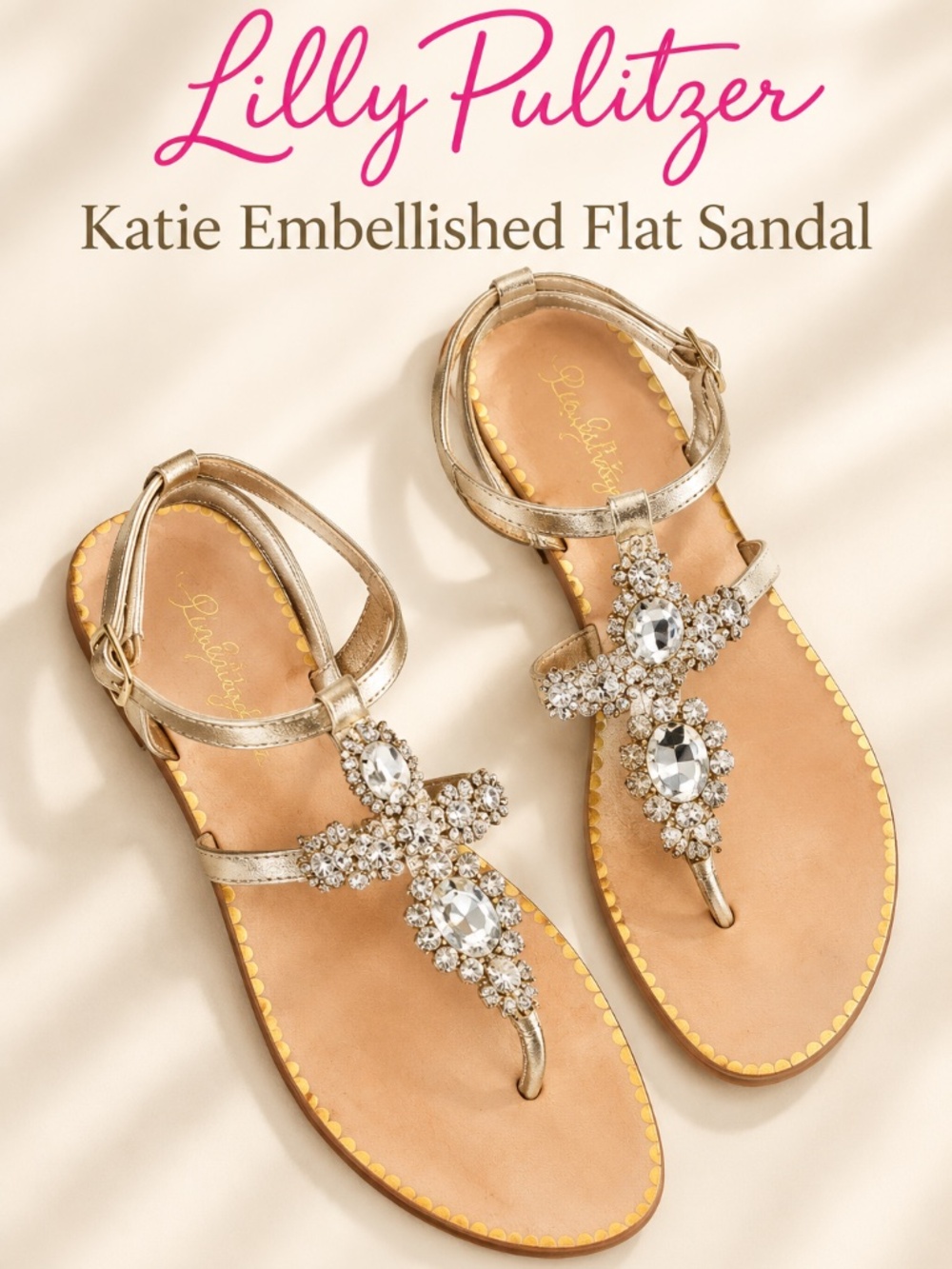 Lilly Pulitzer Katie Embellished Flat Sandal Gold Metallic Size 9.5 $178